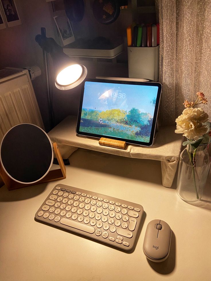 a computer monitor sitting on top of a desk with a keyboard and mouse next to it