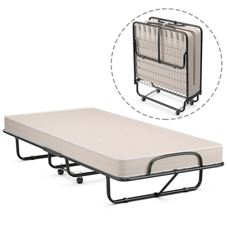 a bed frame with two mattresses attached to it and an image of the back side