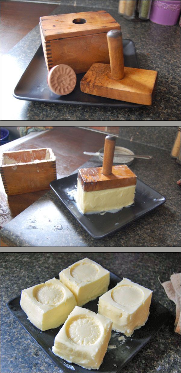 three different views of cheese being made on a cutting board