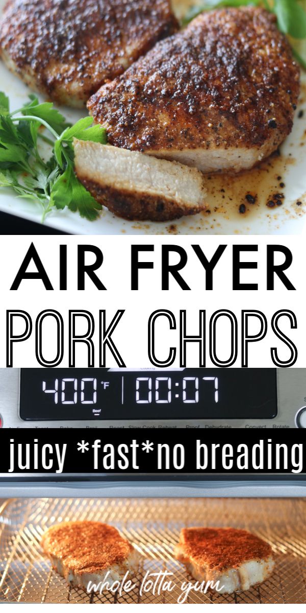 air fryer pork chops on a plate with parsley in the background and text overlay that reads air fryer pork chops juicy fast no breading