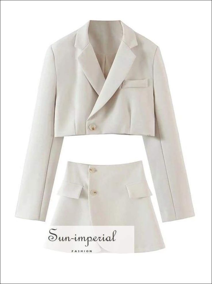 Women Beige Two Piece Skirt Set with Cropped Blazer Jacket and Wrap Mini blazer skirt set Work Outfits Frauen, Blazer And Skirt Set, White Two Piece, Cropped Blazer Jacket, Women Blazer, Rock Outfit, Wrap Mini Skirt, Blazer And Skirt, Miniskirt Outfits