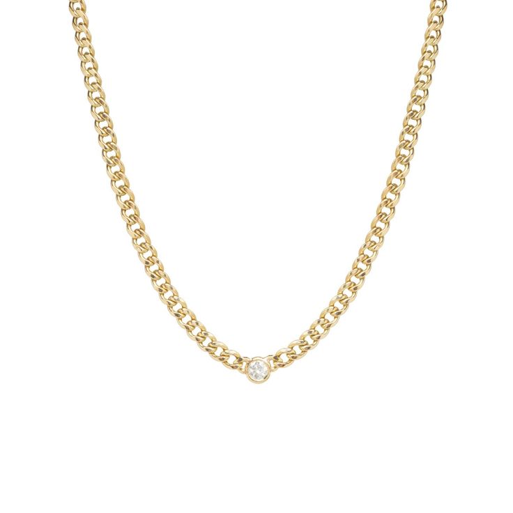 14k gold medium hollow curb chain necklace with single floating diamond SPECIFICS • 14k medium hollow curb chain is 16", chain is approx. 4.5mm wide• white diamond .20 ctw• available in yellow gold only Elegant Gold Cuban Link Necklace With Cable Chain, Diamond White Diamond Necklace With Curb Chain, Diamond White Necklace With Curb Chain, Timeless Formal Curb Chain Necklace, Diamond White Cuban Link Necklace Gift, Single Diamond Round Pendant Necklace For Everyday Luxury, Everyday Luxury Single Diamond Round Pendant Necklace, Elegant 14k Gold Cuban Link Necklace, Luxury Everyday Necklace With Single Diamond