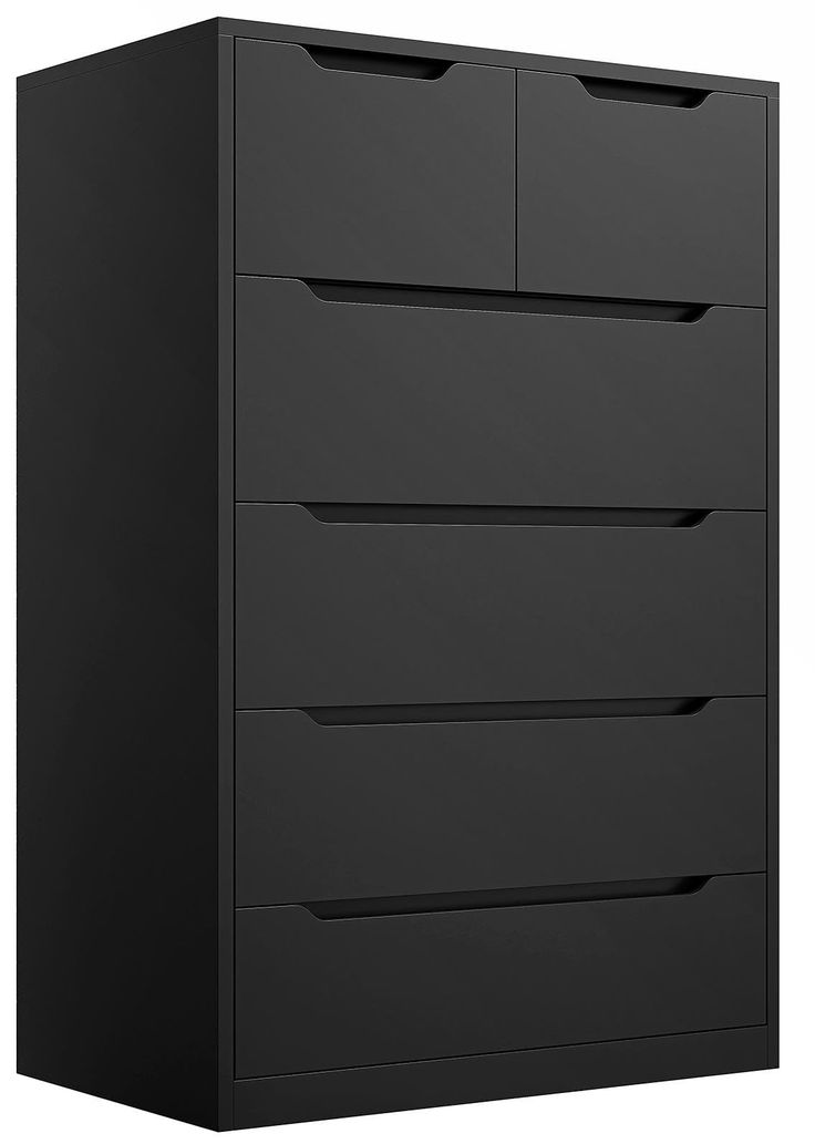 a black dresser with five drawers on it