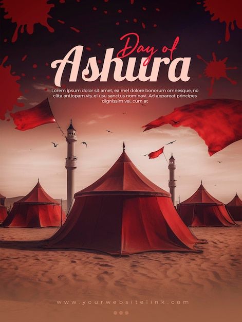 an advertisement for a festival with tents in the sand and red flags flying from them