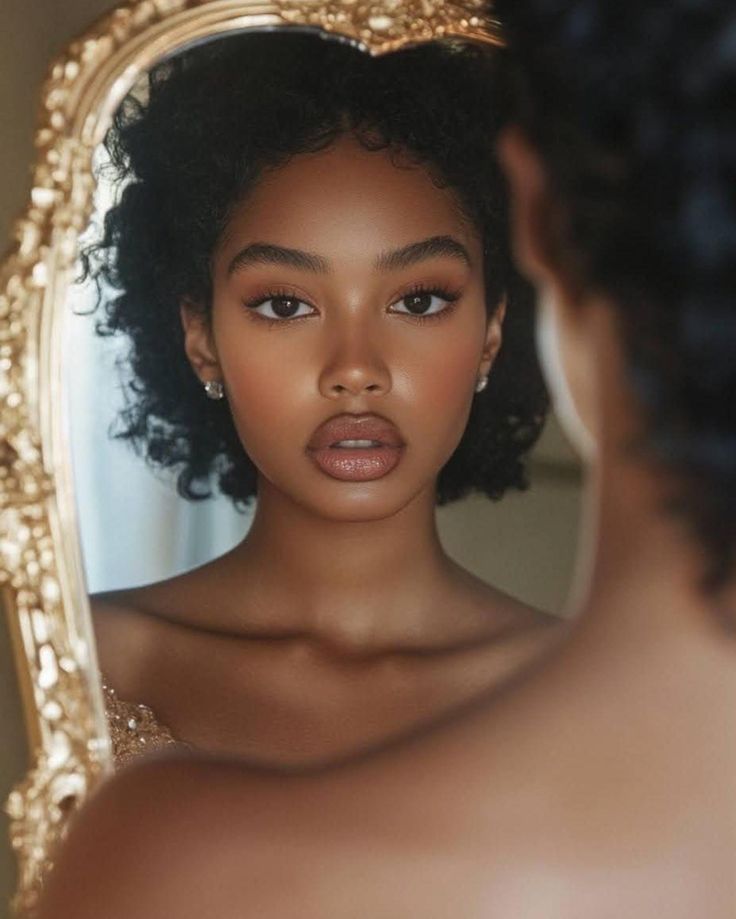 Feminine Face Reference, Vintage Black Glamour 1950s, Afro Covering Eyes, Wet Hair Look Black Woman, Ingenue Beauty, Black Woman Aesthetic Faceless, Ethereal Black Women, Curly Hair Black Woman, Photoshoot Black Women