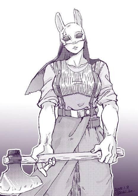 a drawing of a person holding an ax with one hand and wearing a mask on the other