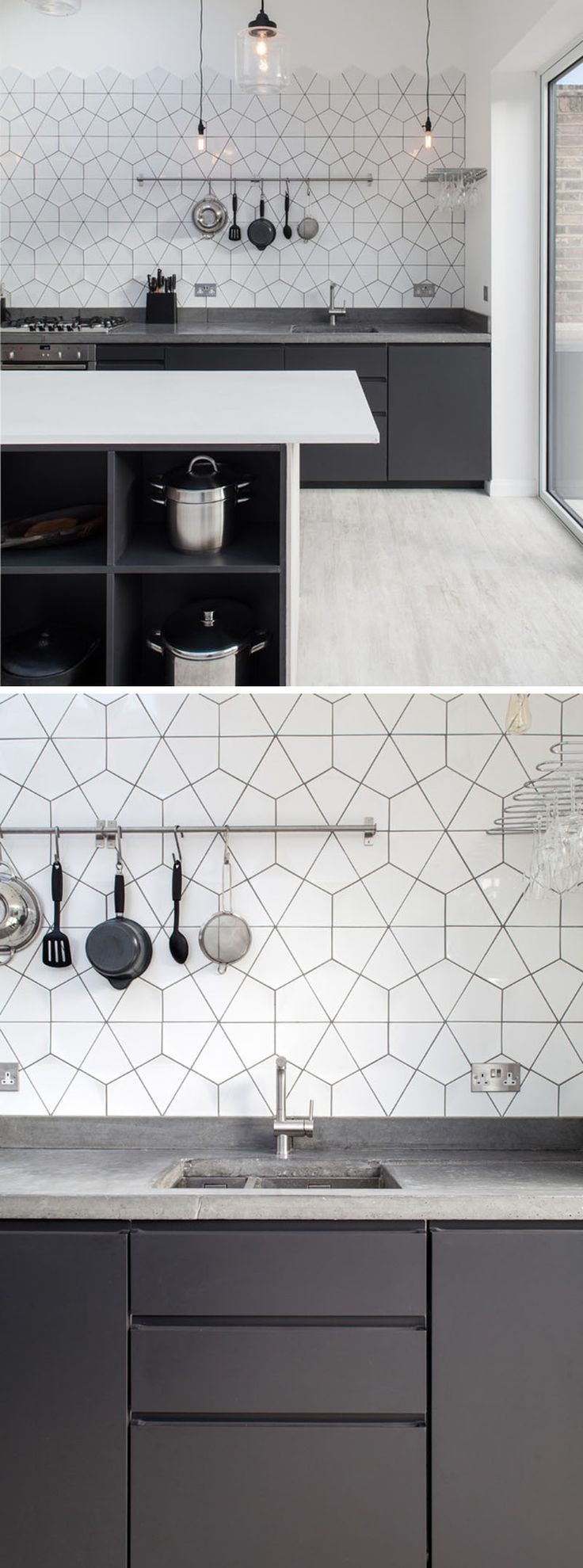 two pictures of the same kitchen with black cabinets and white tile backsplashes