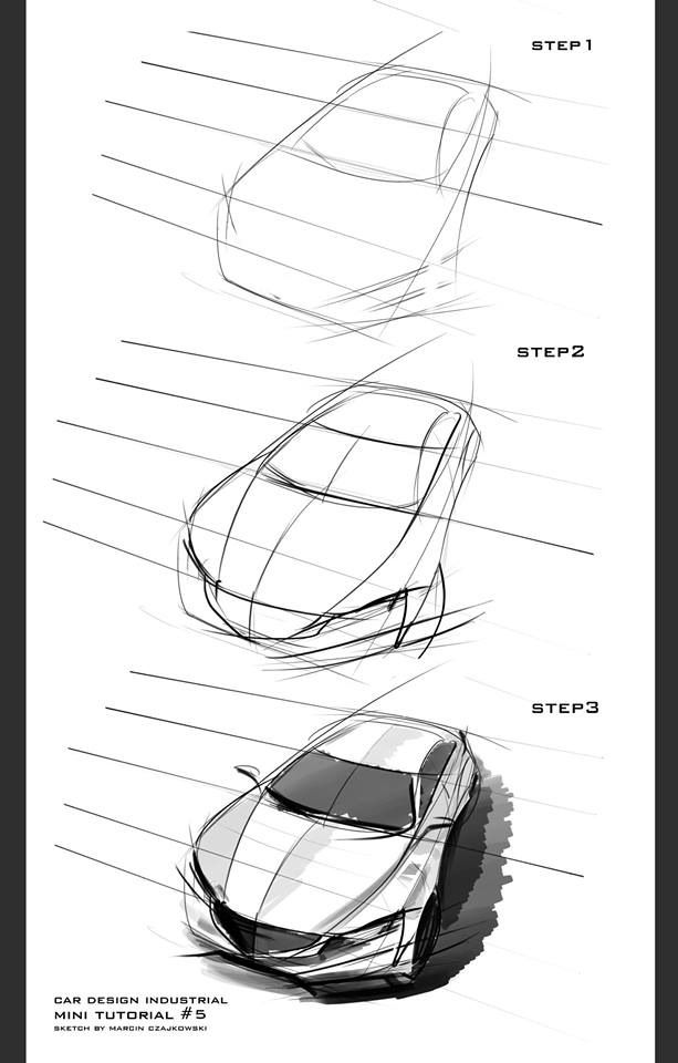 three different cars are shown in the same drawing style, and each one is drawn on paper