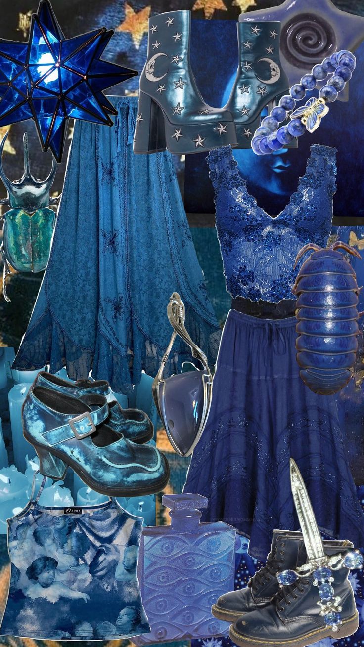 #blueaesthetic #blue #bluewhimsigoth #blueoutfitinspo Blue Goth Aesthetic Outfits, Blue Witch Outfit, Blue Goth Outfits, Blue Fairy Aesthetic, Whimsigoth Blue, Blue Whimsigoth, Witch Clothes, Blue Witch, Pirate Crew