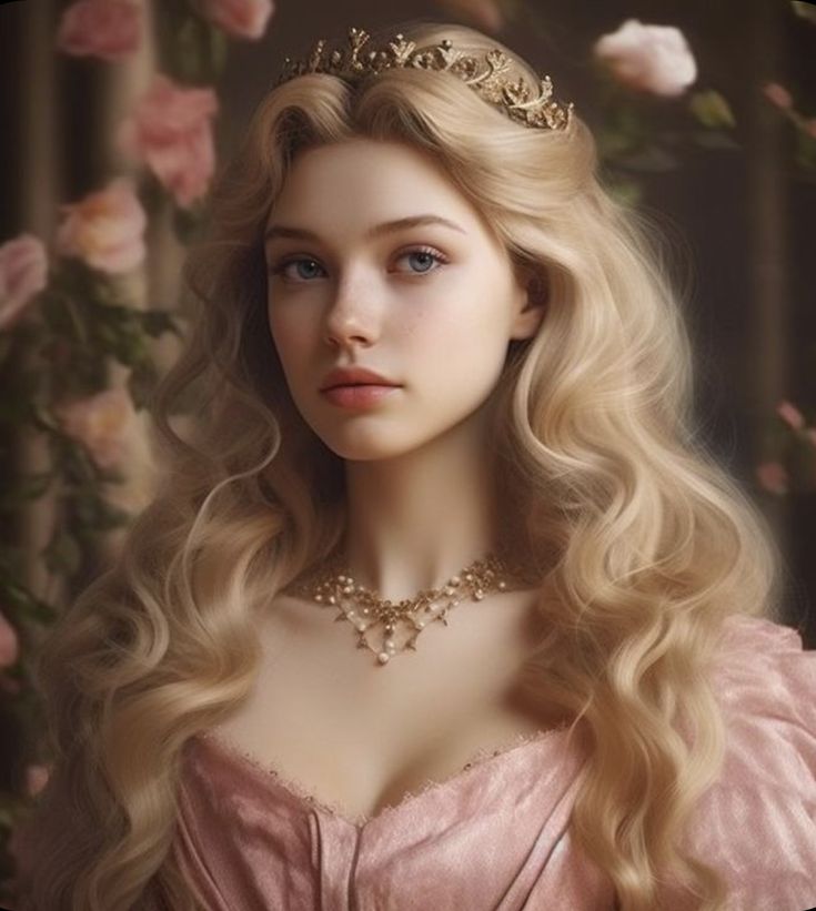 a woman with long blonde hair wearing a tiara and dress in front of roses