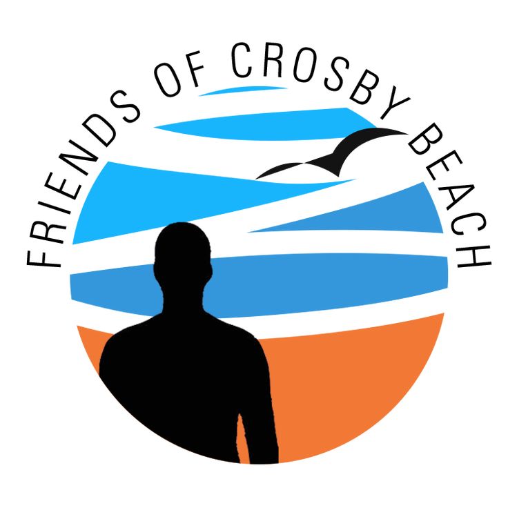 the friends of crosby beach logo with a man standing in front of an orange and blue sunset