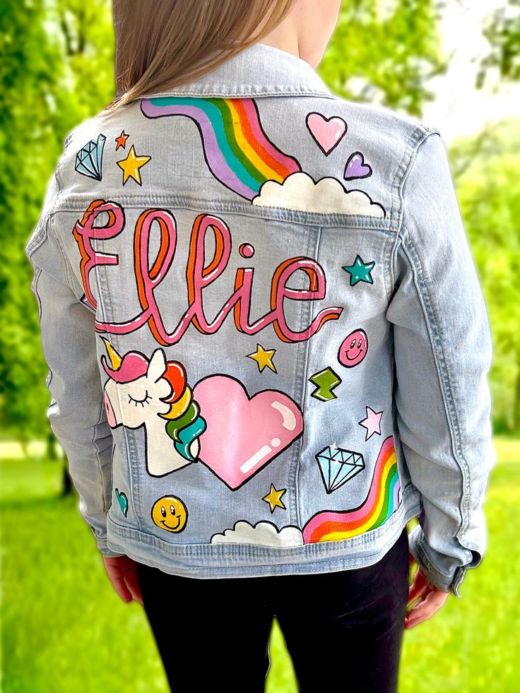 Kids Custom Denim Painted Jacket - Etsy Jean Jacket Painted Ideas, Denim Jacket Painted, Denim Painting, Mickey Mouse Quilt, Diy Clothes Accessories, Kids Denim Jacket, Colorful Jacket, School Spirit Shirts, Painted Denim Jacket