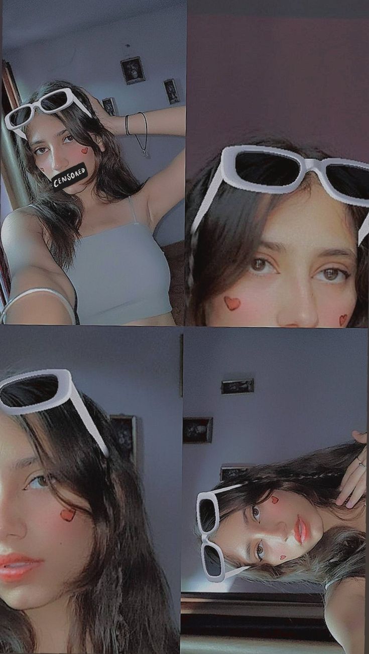 four pictures of a woman with sunglasses on her head and hair in the shape of glasses