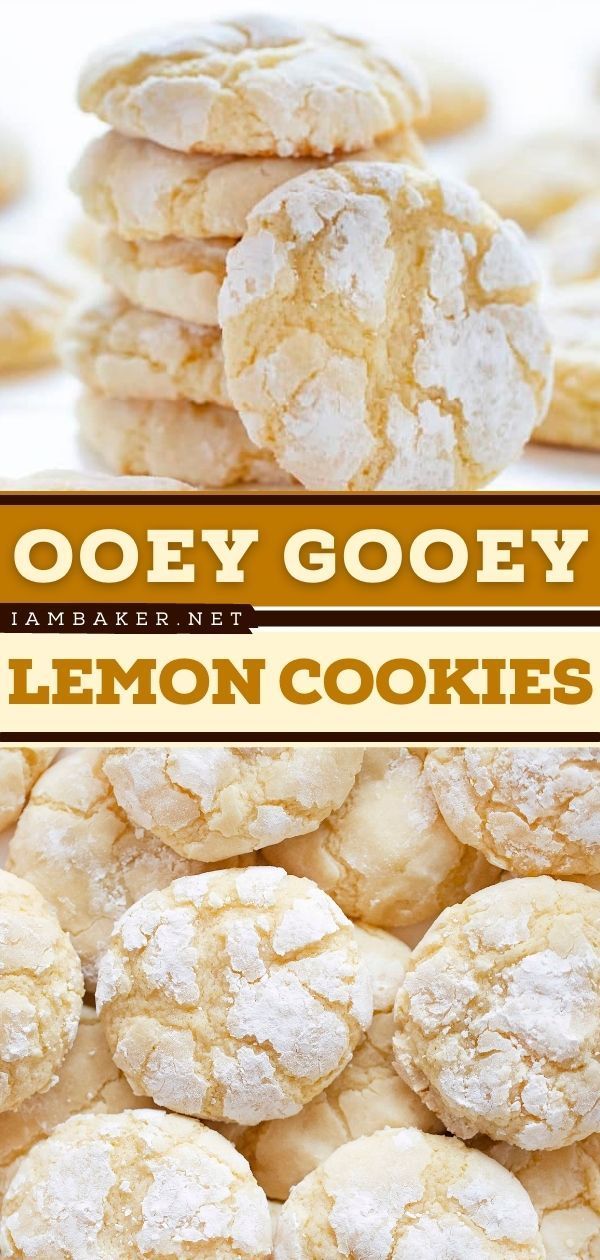 lemon cookies stacked on top of each other with the title overlay reading booey gooey lemon cookies