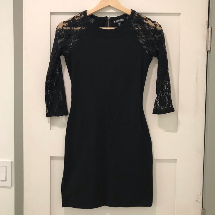 Sleek Black Dress From Express With Lace 3/4 Sleeves And Back Zipper At The Neck. Perfect For Gno Or Date Night! In New Condition, But No Tags. Never Worn. Stretch Dress With 3/4 Sleeve For Night Out, Stretch Night Out Dress With 3/4 Sleeve, Stretch Dresses For Night Out With 3/4 Sleeve, Elegant Black Mini Dress With 3/4 Sleeves, Fitted Mini Dress With Half Sleeves For Night Out, Fitted Half Sleeve Mini Dress For Night Out, Black Mini Dress With 3/4 Sleeve For Night Out, Black Fitted Dress With 3/4 Sleeves, Black Fitted Half Sleeve Dress