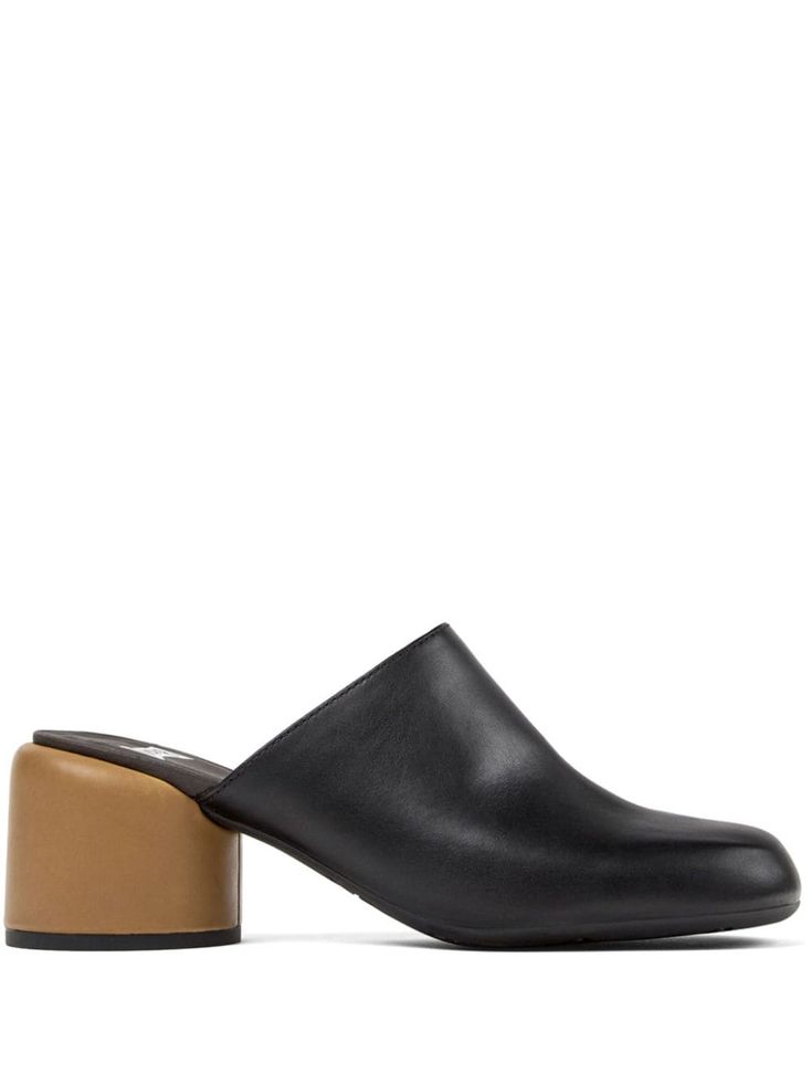 black/blue/brown leather smooth grain colour-block panelled design square toe branded insole low block heel slip-on style Block Heel Mules, Black Leather Mules, Design Square, Loafer Mules, Iconic Bags, Low Block Heels, Summer Beach Wear, Leather Mules, Flat Boots