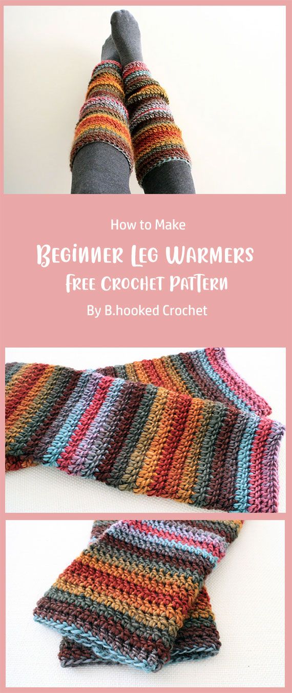 the legs and leg warmers are crocheted in multicolored yarn with text overlay that says, beginner leg warmers free crochet pattern