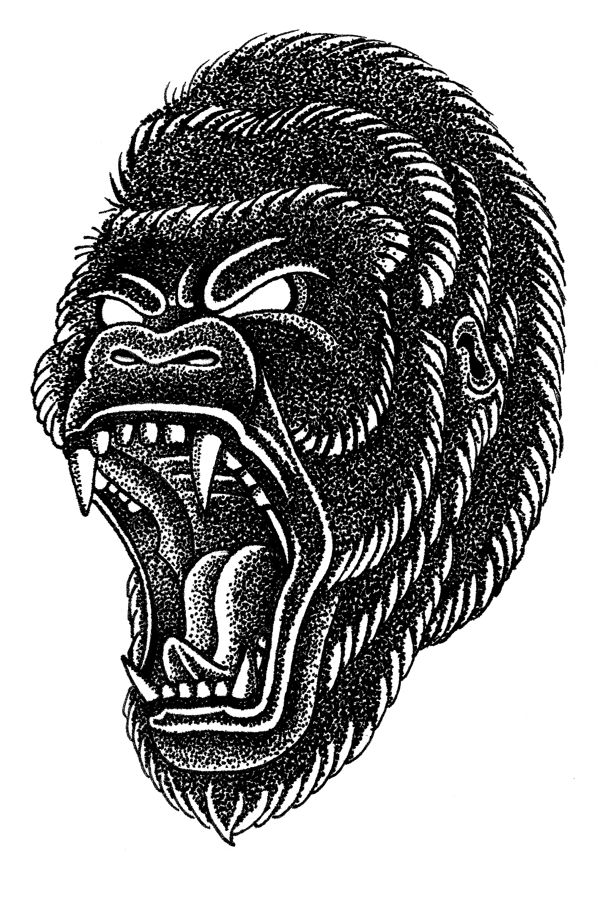 a black and white drawing of a gorilla's head with its mouth wide open