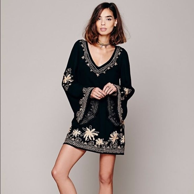 Gorgeous Black Dress With Bell Sleeves And Floral Tan Embroidered Details. Condition: Nwt Material: Shell- 100% Rayon, Lining- 100/% Cotton Fall V-neck Dress With Embroidered Hem, V-neck Dress With Floral Embroidery For Fall, Fall Floral Embroidered V-neck Dress, Long Sleeve Embroidered Mini Dress For Fall, Chic Embroidered V-neck Mini Dress, Embroidered Long Sleeve Mini Dress For Fall, Fall Beach Embroidered Dress, Fall V-neck Embroidered Hem Dress, Elegant Embroidered Bell Sleeve Dress