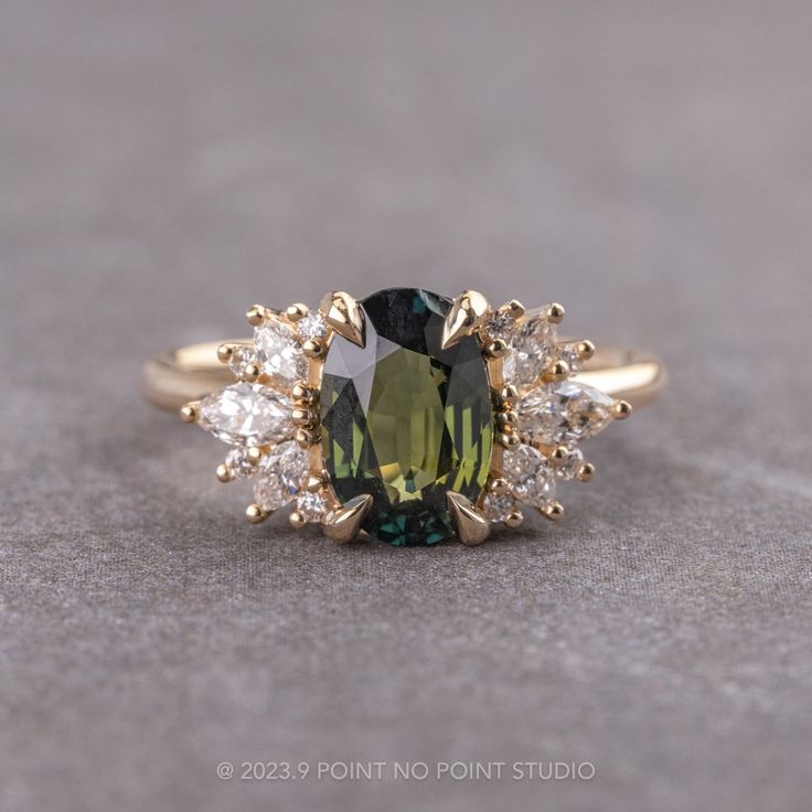 green sapphire Cuff Wedding Band, Sapphire And Diamond Engagement Ring, Engagement Ring Pictures, Detailed Engagement Ring, Yellow Engagement Rings, Engagement Inspo, Green Oval, Unique Diamond Rings, Unique Diamonds