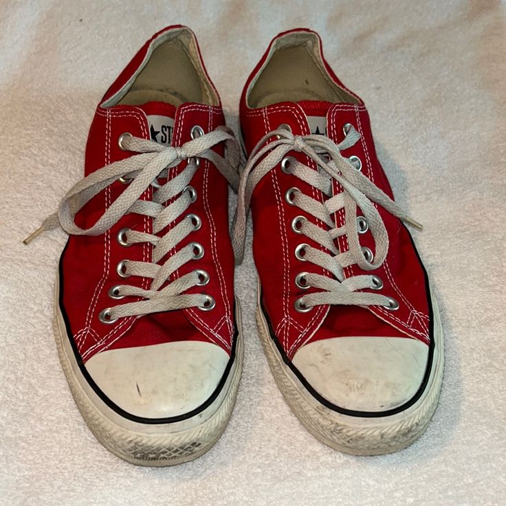 Barely Worn Red Allstars Size 9 Men 11 Women Broken In Just Enough To Be Cool And Not Brand New Dorky. Plenty Of Life Left In These Classics! Red Cotton Converse Sneakers, Casual Red Cotton Sneakers, Casual University Red Sneakers, Red Low-top Casual Sneakers, Casual Red Low-top Sneakers, Converse Low, Converse Low Tops, Converse Red, Shoes Converse