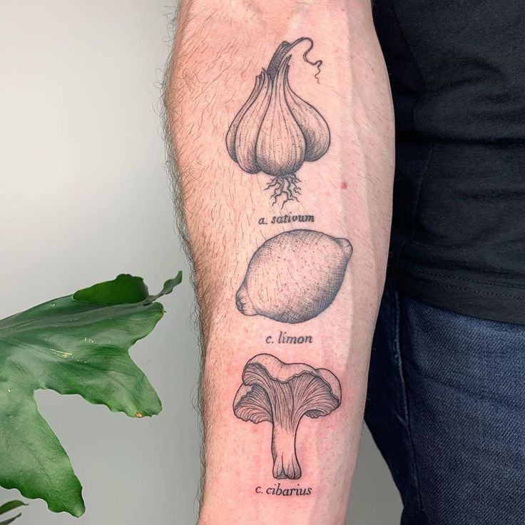 a man's arm with different types of mushrooms on it