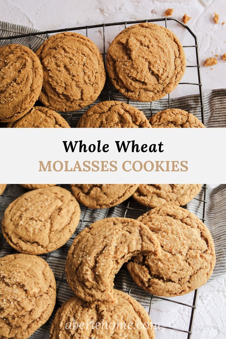 whole wheat molasses cookies on a cooling rack with text overlay that reads whole wheat molasses cookies