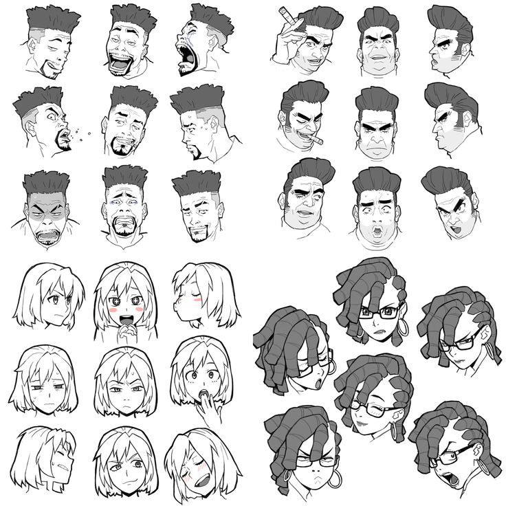 the various facial expressions and hair styles for each character