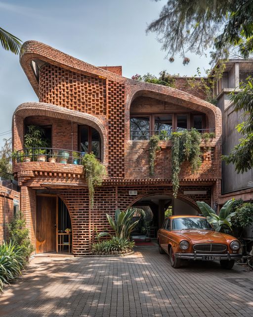 an orange car parked in front of a brick building with plants on the balconies