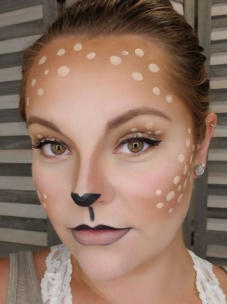 Make Up For Deer Costume, Doe Eye Makeup Halloween, Easy Halloween Deer Makeup, White Stag Makeup, Easy Reindeer Makeup, Fawn Halloween Makeup, Deer Costume Makeup Simple, Deer Make Up Easy, Deer Costume Makeup Kids