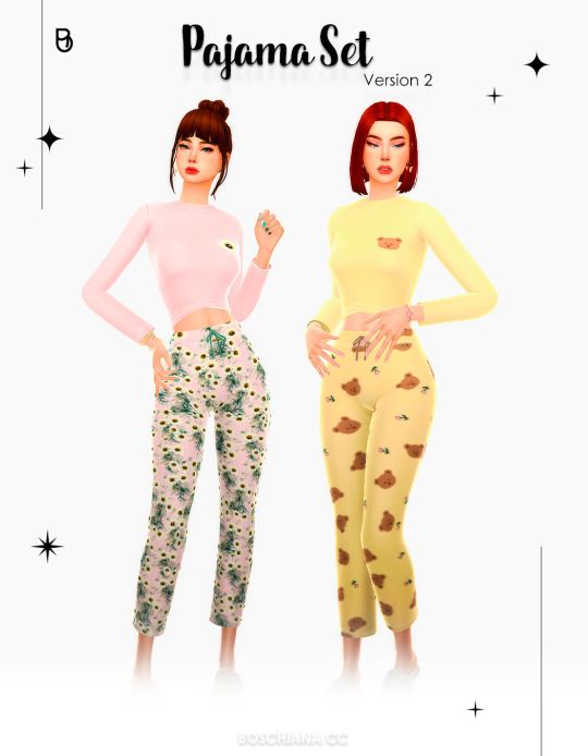 two women standing next to each other wearing pajamas and pants with hearts on them,