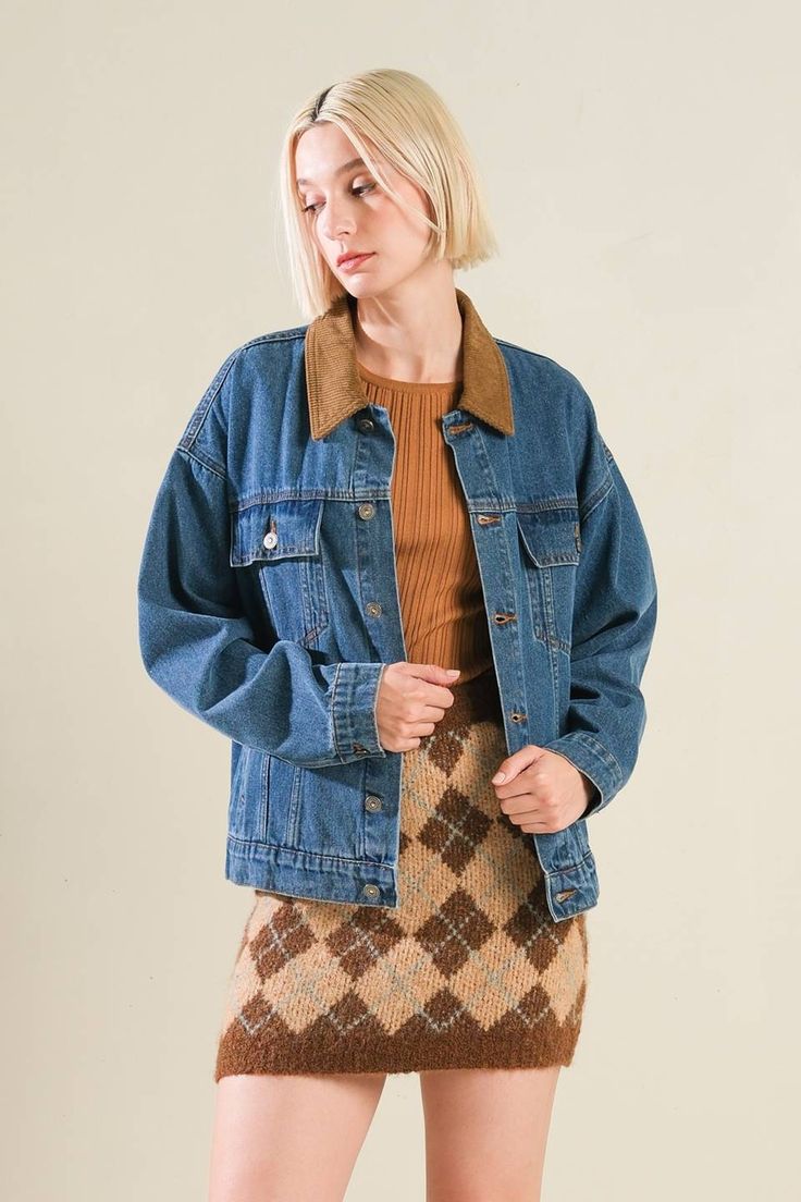 A washed denim jacket with a contrasting collar and button-down closure. Matching skort LIVIN' MY BEST LIFE DENIM SKORT Details: Self : 100% CottonContrast : 100% Cotton Size & Fit - Model is 5`8" And Wearing Size Small- Measurements Taken From Size Small- Approx. Length: 23" Denim Skort, My Best Life, Skirt Jumpsuit, Contrast Collar, Resort Collection, Washed Denim, Best Life, Sweatshirt Dress