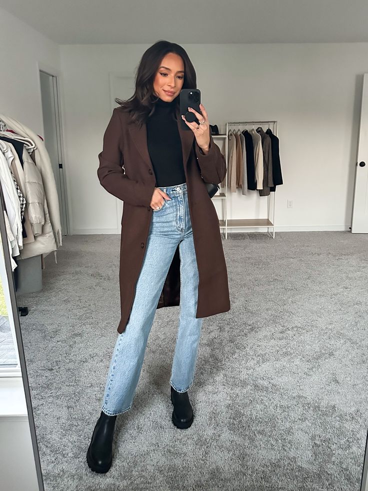 Brown Over Coat Outfit, Womens Overcoat Outfits, 2023 Coat Outfit, Abercrombie Wool Coat, Brown Peacoat Womens Outfit, Black And Brown Winter Outfits, Abercrombie Bodysuit Outfit, Brown Sweater With Jeans, Dark Brown Shacket Outfit