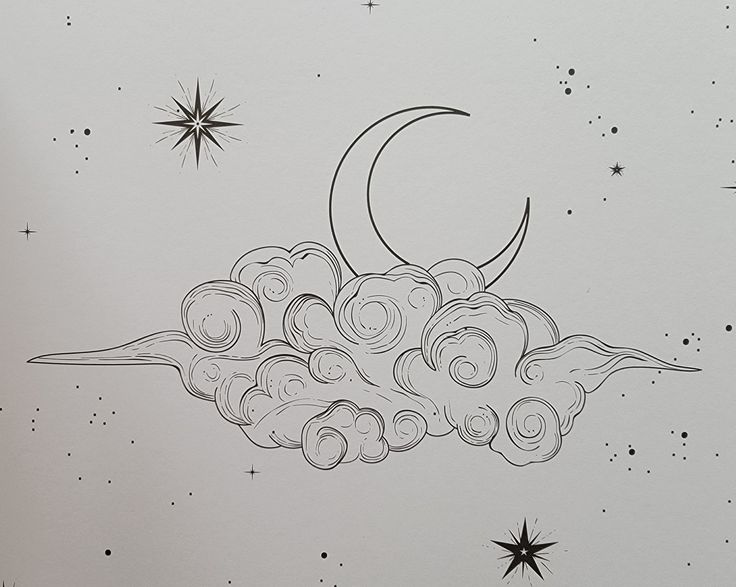 a drawing of a cloud with stars in the background and a half moon above it