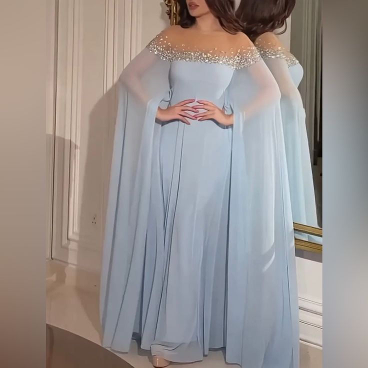 Sequin Embellished Off Shoulder Chiffon Dress, Elegant Long Sleeve Baggy Banquet Evening Dress Boutique Brand Boutique Sizing Chart (Size Tags Are In Letters): Standard Sizes: S (4), M (6), L (8/10), Xl (12), Sold Out Xxl (14) Sold Out !!*Please Note*!! *This Is A Pre-Order Item And Requires A Longer Than Usual Shipping Time. Please Allow 7-14 Business Days Before Shipping.* Please Consider This Time Frame Before Placing Your Order. Thank You For Your Patience And Understanding, As This Helps Us Women Silhouette, 2023 Clothing, Loose Clothing, Marine Uniform, Blue Evening Dresses, Muslim Dress, Costume Intero, فستان سهرة, Cocktail Evening Dresses