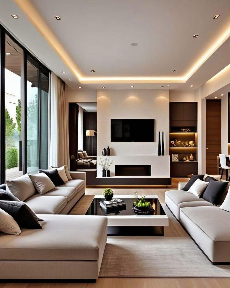 modern living room with white and black furniture