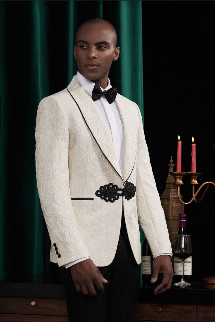 This premium, cream tuxedo with a little shine is a fashion-forward take on the classic tuxedo. This fabric is worn with the attention to standout from the crowd. Like this look but want to make some changes? Chat with a stylist or book an appointment. Fabric No: J47169/220 Color: Cream Occasion: Formal Suit White Tuxedo Wedding, Black Tuxedo Wedding, Tuxedo Suit For Men, Tuxedo Wedding Suit, Custom Tailored Suits, Classic Tuxedo, White Tuxedo, Tuxedo Wedding, Tuxedo Suit