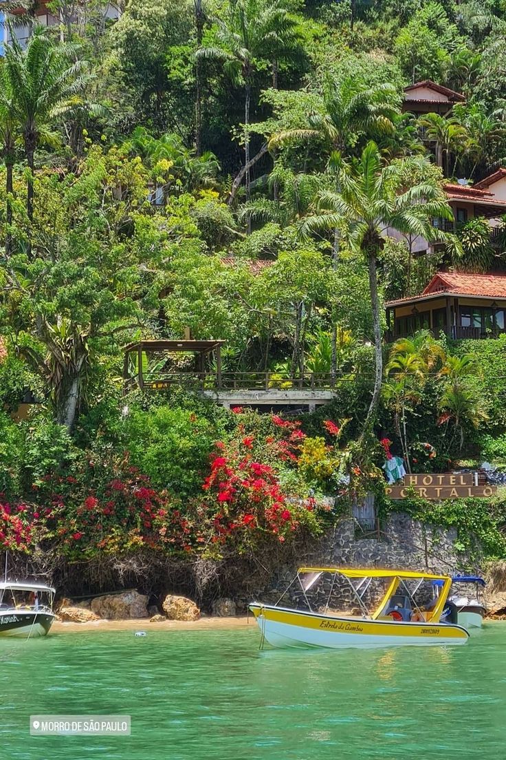 two boats on the water in front of some trees and houses with red flowers growing out of them