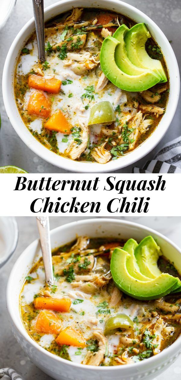 two bowls of butternut squash chicken chili with avocado