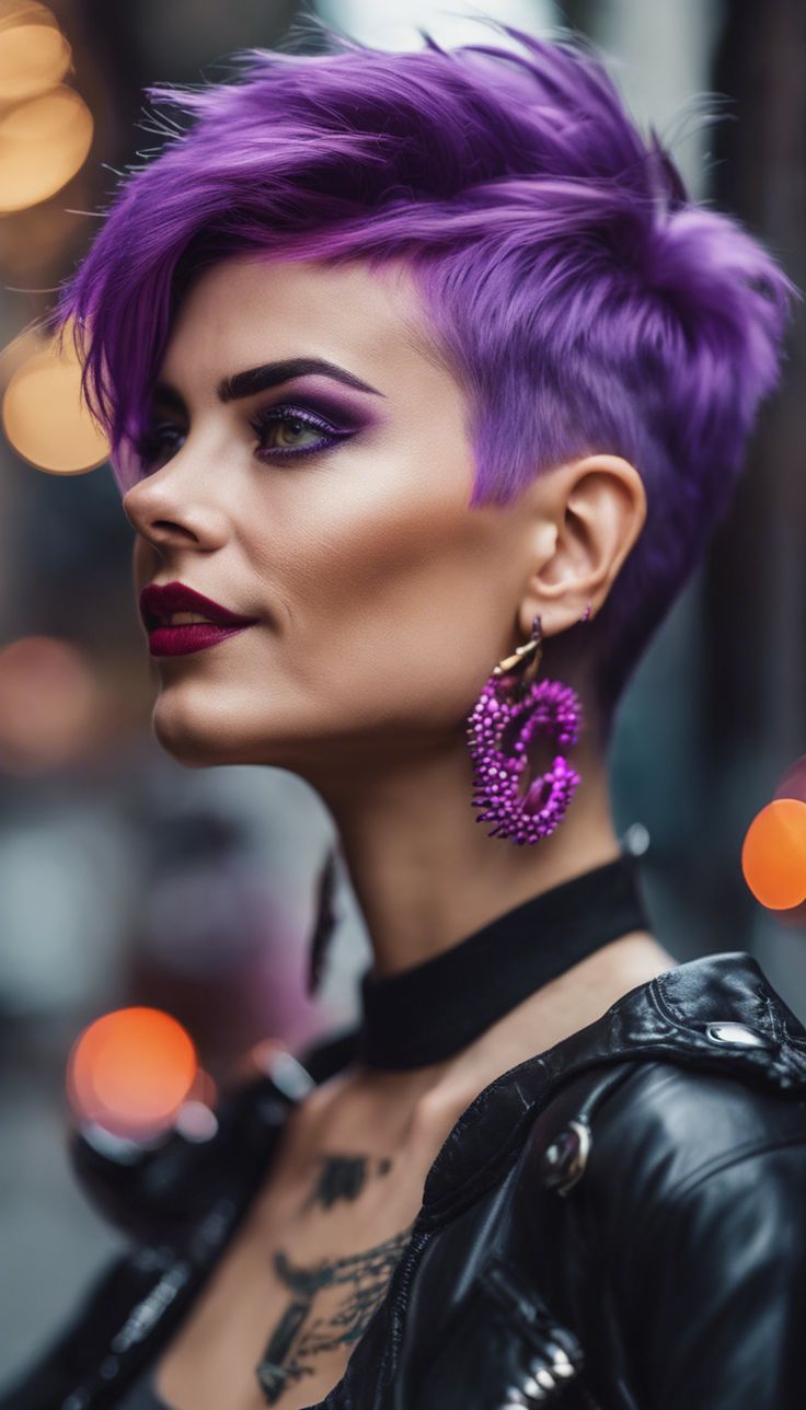 24+ Trendy Punk Pixie Cut Ideas For 2025 » Hairlogs Hair Color Pixie Cut, Punk Pixie Cut, Purple Pixie Cut, Short Purple Hair, Short Punk Hair, Pixie Haircut Ideas, Pulp Riot Hair Color, Hair Contouring, Vivid Hair Color