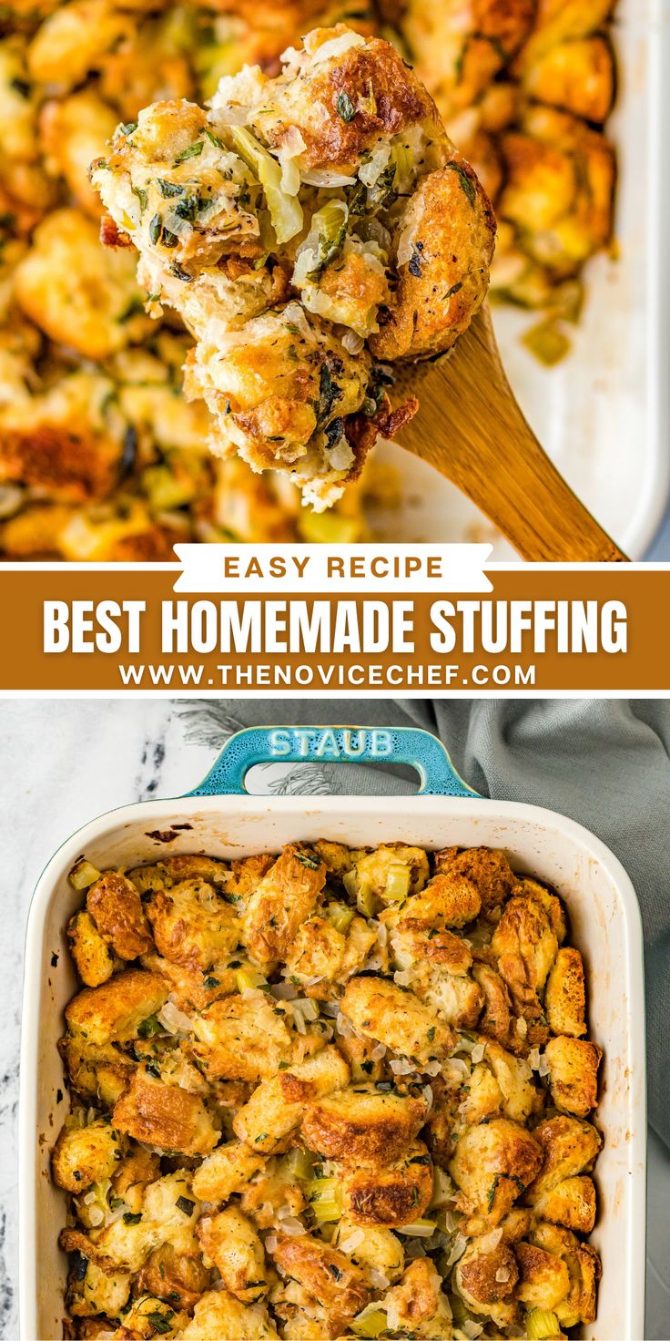 the best homemade stuffing recipe is in a casserole dish and it's ready to be eaten