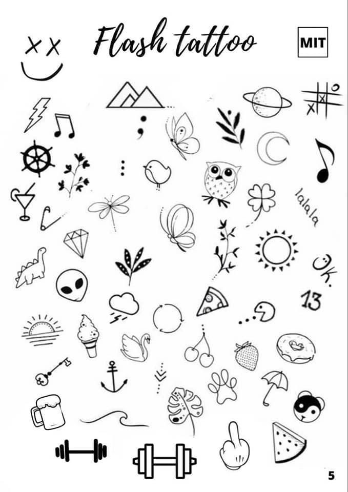 a black and white drawing of various tattoos on a sheet of paper with the words flash tattoo