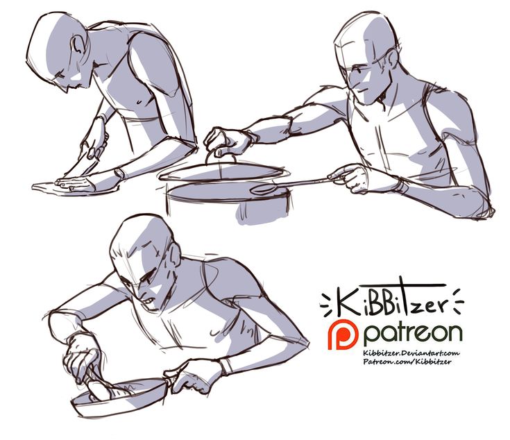 three different poses of a man cutting food with a knife and fork on a plate