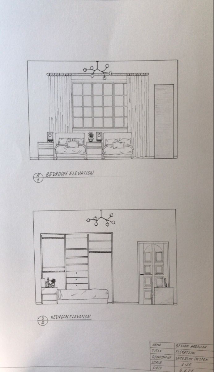 two drawings of the same room in different stages of being built, and one drawing of what appears to be a bedroom