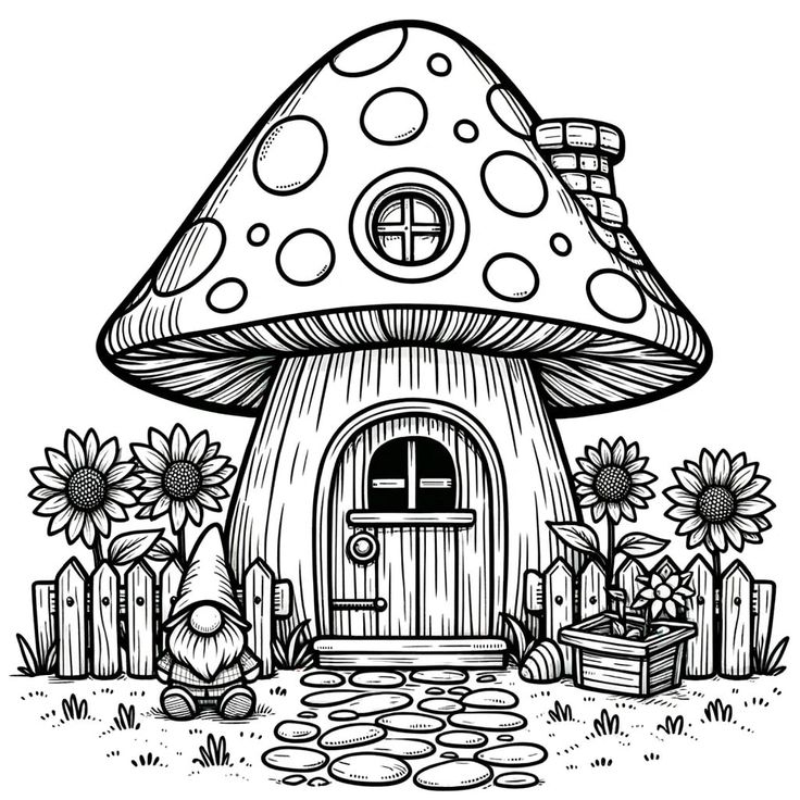 a mushroom house with sunflowers in the yard