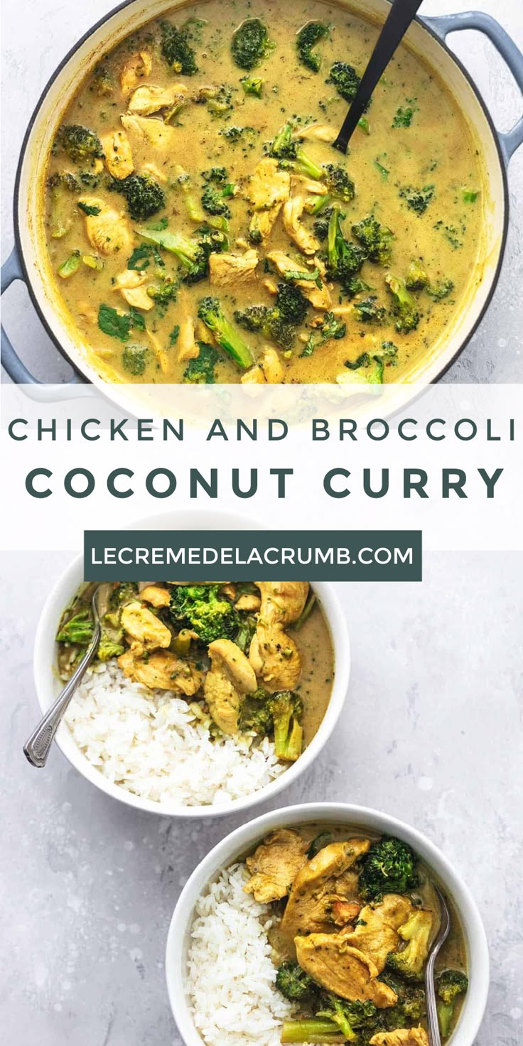 two bowls filled with chicken and broccoli coconut curry