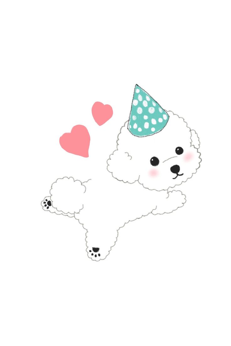 a white dog wearing a party hat with hearts