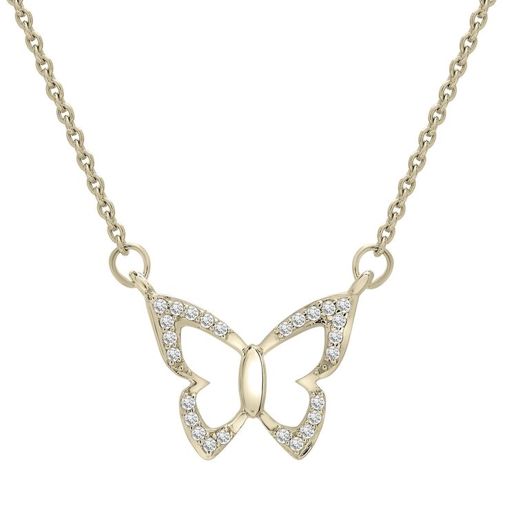 A one of a kind butterfly necklace with stunning diamonds along the openwork wings. The beautiful, dainty Farfalla butterfly diamond necklace is the perfect romantic and trendy piece. - 17" Length with Spring Ring Clasp - SI1 Diamond Clarity- H-I Diamond Color- Total Carat Weight: 0.05 CT- Available in 10K YG, 10K WG, 10K RG, 14K YG, 14K WG, 14K RG- Ethically sourced materials and conflict-free diamonds- Fully compliant with The Kimberley Process- Certificate of authenticity included Dainty Diamond Necklace With Butterfly Charm, Fine Jewelry Cubic Zirconia Necklace With Butterfly Charm, Luxury Butterfly Necklace With Diamond Accents, White Gold Butterfly Necklace With Cubic Zirconia, Luxury White Gold Necklace With Butterfly Charm, Luxury White Gold Necklaces With Butterfly Charm, Elegant Butterfly Diamond Necklace As Gift, Elegant Butterfly-shaped Diamond Necklace Gift, Elegant Butterfly Diamond Necklace Gift