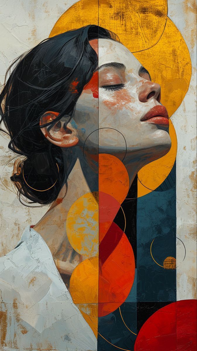 an abstract painting of a woman's face with circles around her neck and shoulders