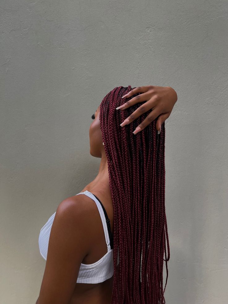 Long Red Braids For Black Women, Winter Braids For Black Women Colors, Dark Burgundy Box Braids, Burgundy Red Box Braids, Red Single Braids, Wine Red Braids For Black Women, Wine Red Box Braids, Cherry Red Braids Black Women, Deep Red Box Braids